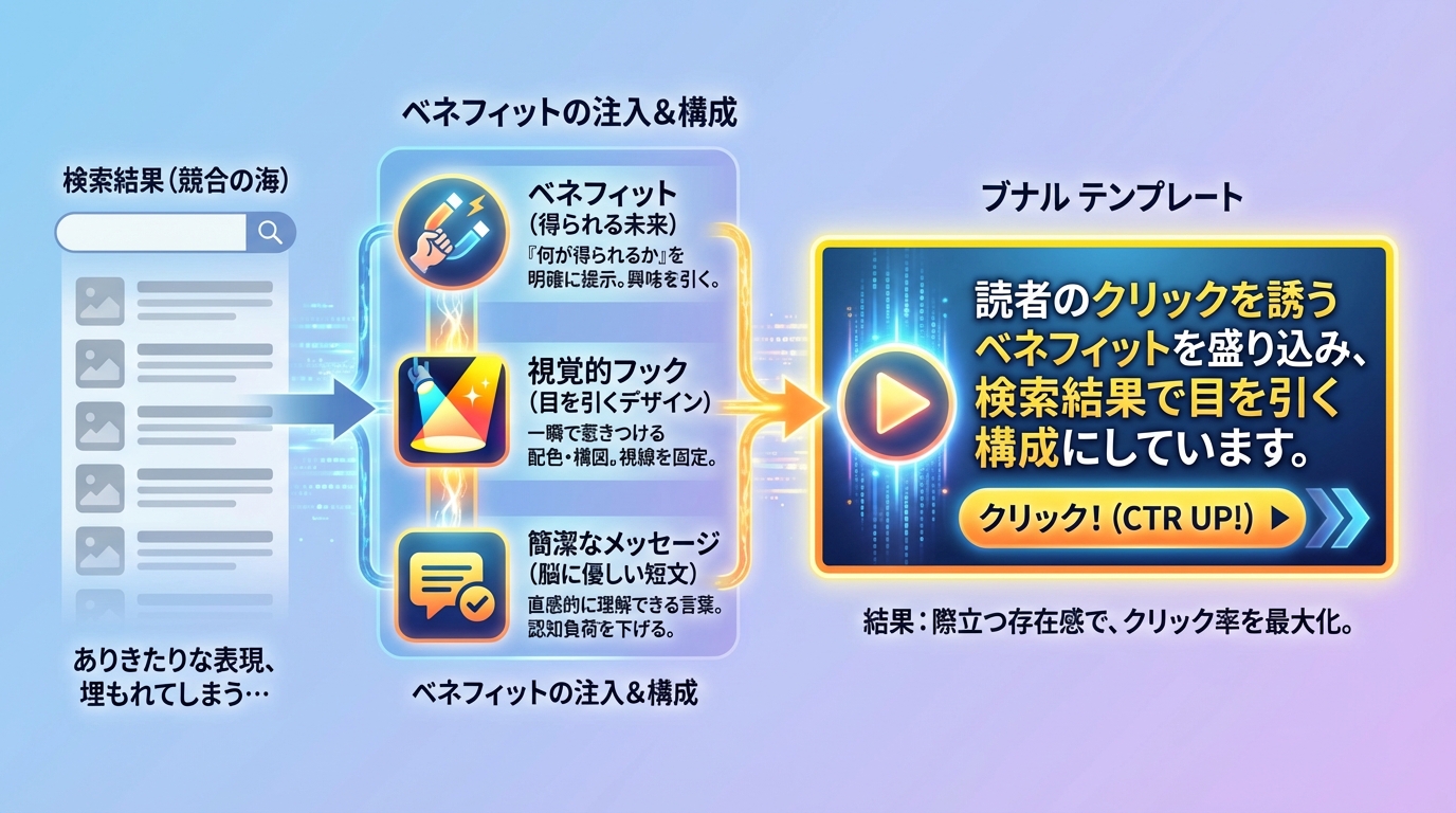読者のクリックを誘うベネフィットを盛り込み、検索結果で目を引く構成にしています。